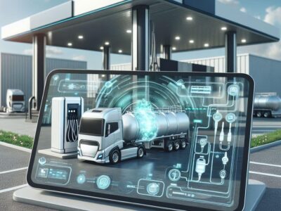 Truck refuelling at a hydrogen refuelling station observed under a computer